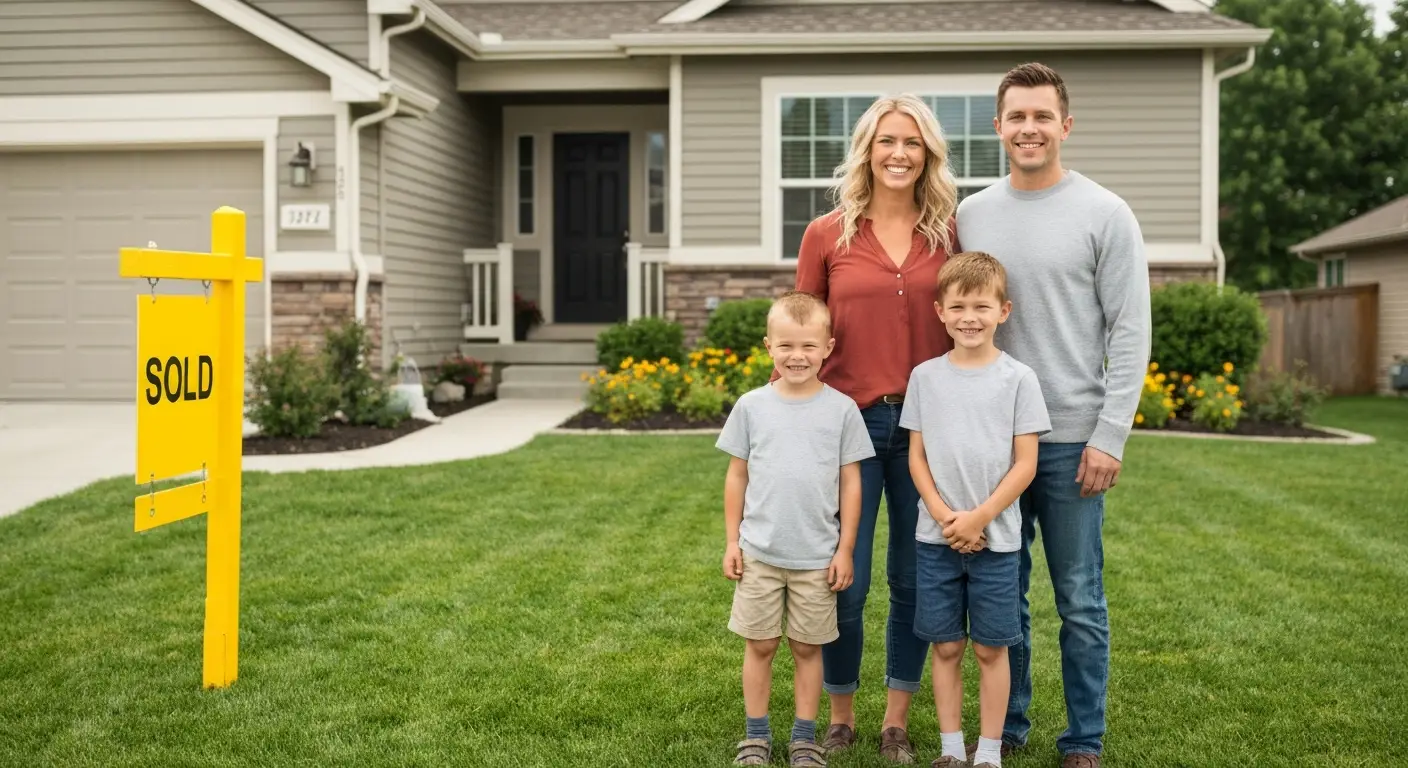 Young Utah family in front of their new home with sold sign