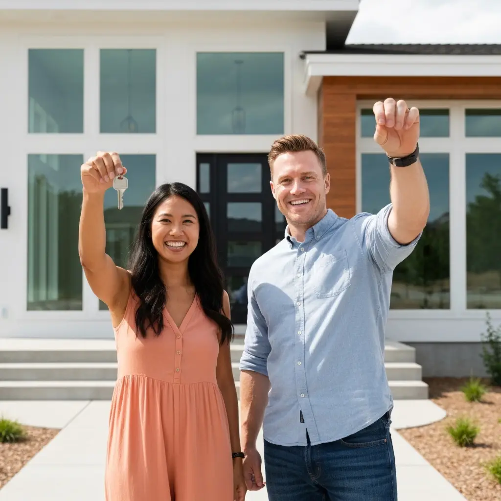 Happy couple holding keys to their new Utah home
