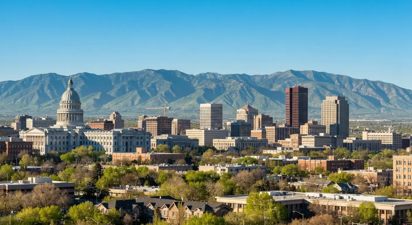 Salt Lake City Utah skyline with Capitol building and Wasatch Mountains in spring