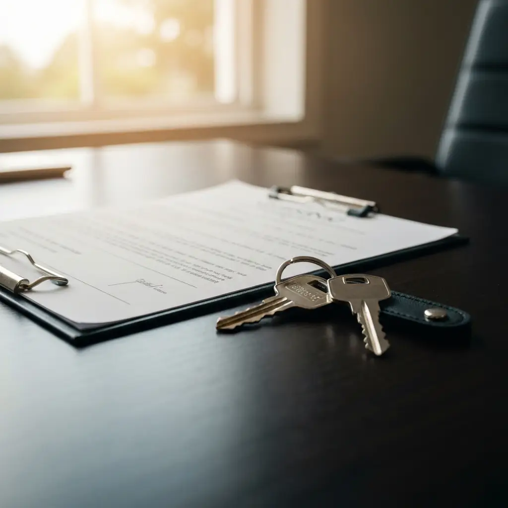 Real estate closing documents and house keys on a desk