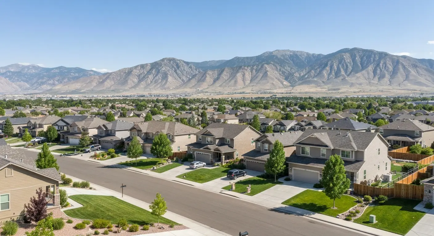 Aerial view of West Jordan and Herriman Utah neighborhoods with Oquirrh Mountains in background